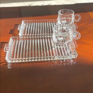 Set of Hazel Atlas Ball & Rib Sip N Smoke Snack Luncheon Trays Cups & Ashtray